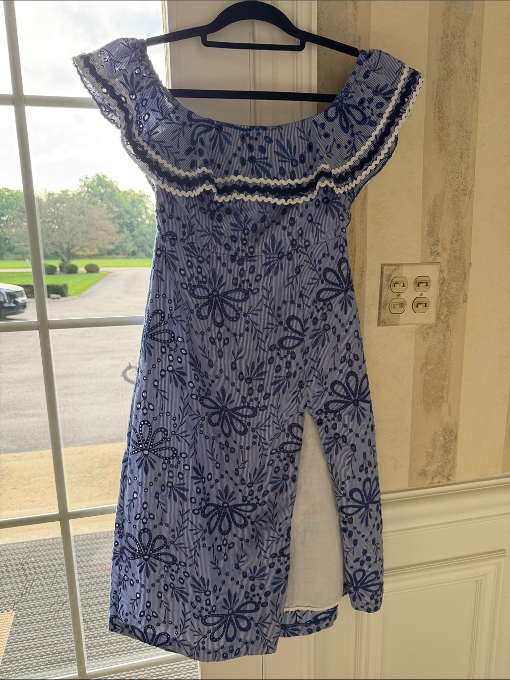 Blue Eyelet Floral Red Carter Dress with Slit